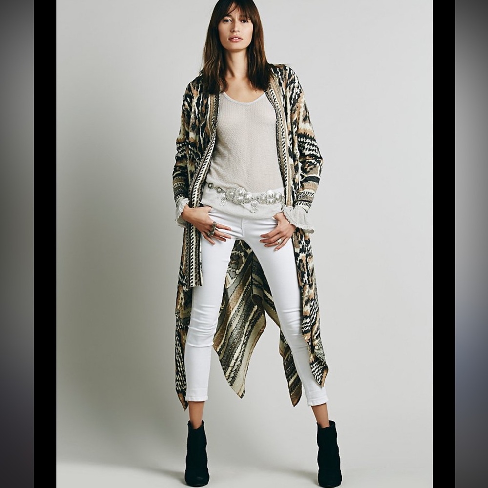 Free People Printed Wool Blend Long Cardigan Sweater XS